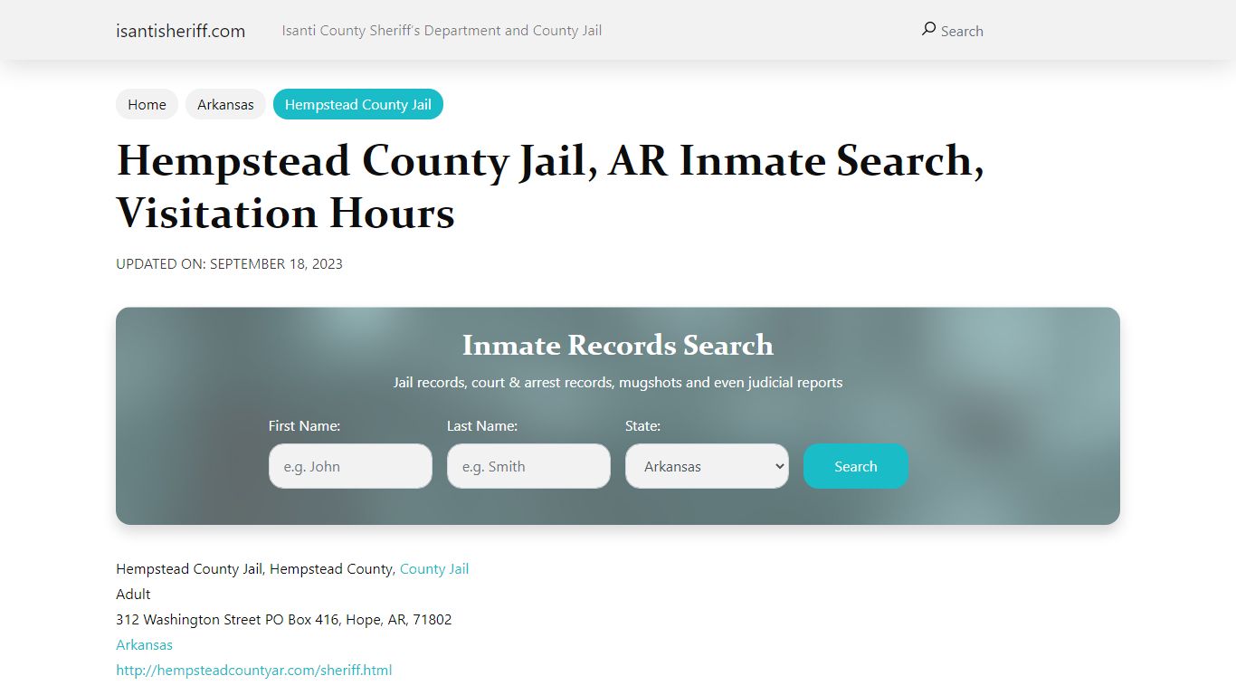 Hempstead County Jail, AR Inmate Search, Visitation Hours - Isanti Sheriff